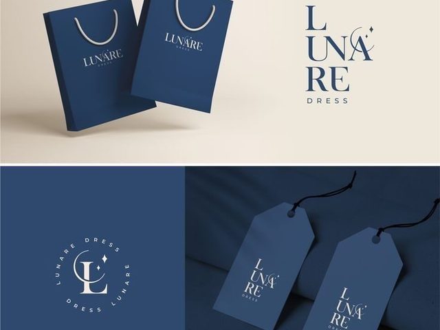 Logo dan branding Lunare Dress dalam berbagai variasi visual.