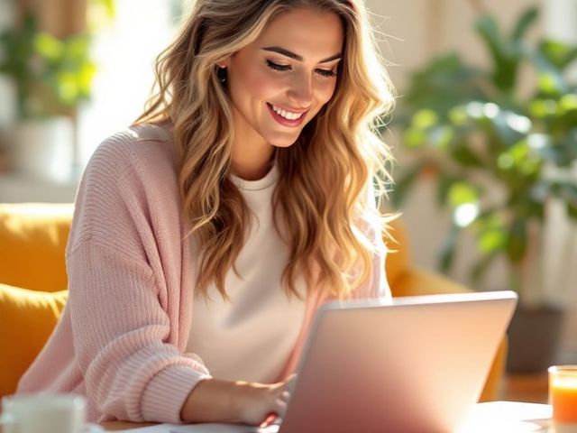 Perempuan tersenyum sambil bekerja di laptop di ruang kerja hangat.