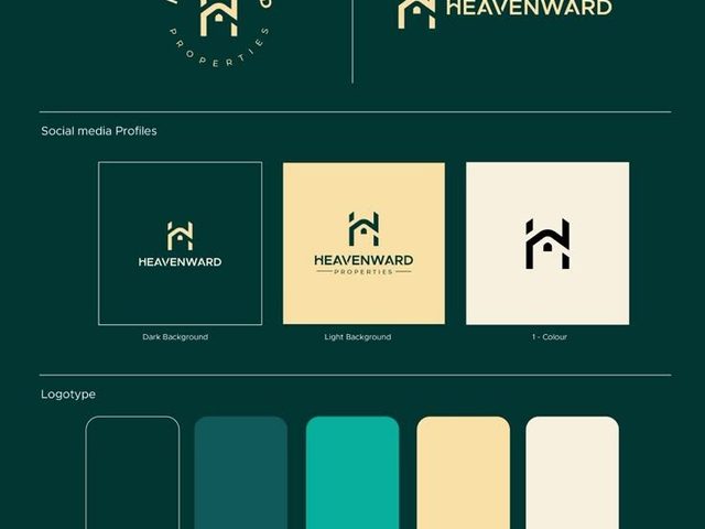 Desain logo dan aset visual Heavenward Properties, termasuk lettermark, favicon, dan warna logotype.