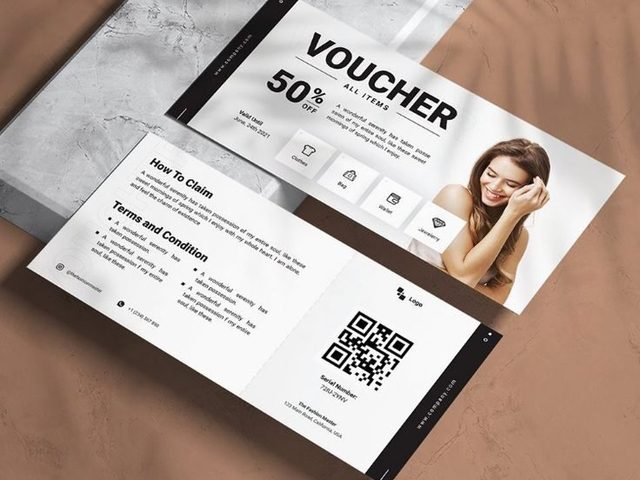 Brosur voucher diskon 50% dengan QR code dan foto wanita tersenyum.