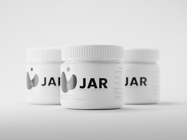 Tiga kemasan jar putih dengan logo dan tulisan 'JAR' pada label.