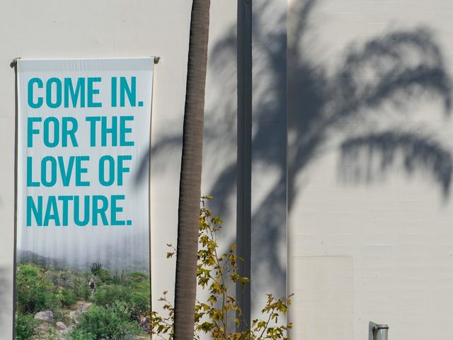 Banner bertuliskan 'Come In for the Love of Nature' di depan bangunan dengan影影 palma di sekitarnya.