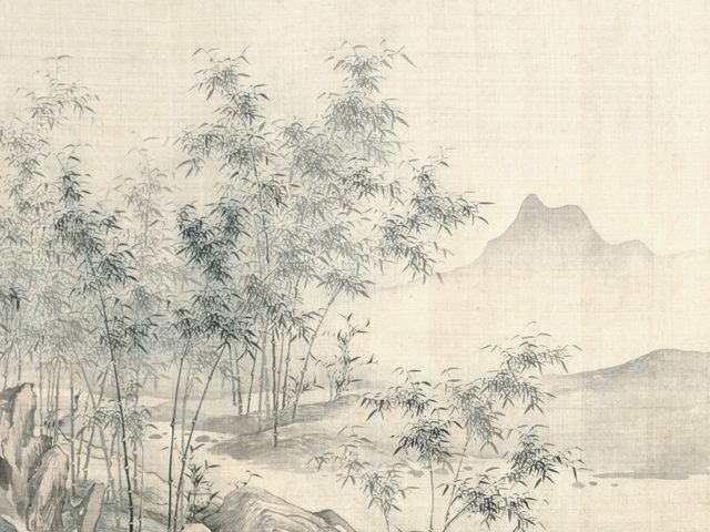 Ilustrasi bambu dan gunung di alam sejuk