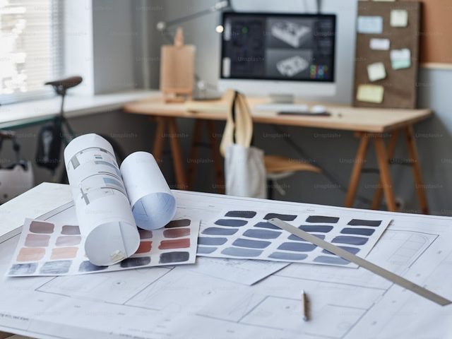 Studio percetakan online dengan desain grafis dan bahan cetak.