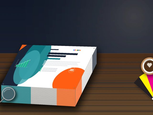 Tumpukan cetak flyer 1 rim online berkualitas di atas meja kayu dengan panduan warna CMYK untuk promosi bisnis.