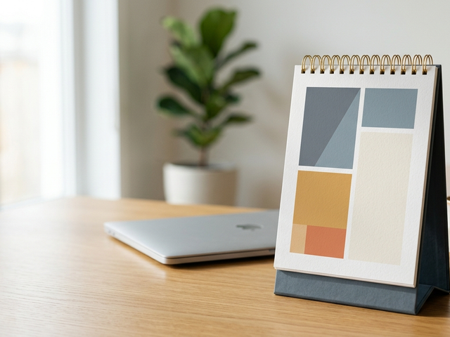 Kalender meja A5 portrait custom berdiri anggun di atas meja kerja profesional
