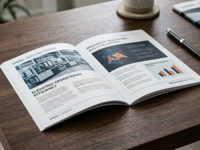 Cetak booklet A6 7 lembar doff bebas pantulan lampu pameran, rapi di atas meja kayu untuk deal B2B Uprint.id