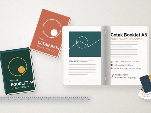 Mockup booklet A6 jilid kawat yang rapi di atas meja kerja percetakan profesional Uprint.id