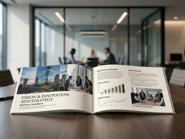 Booklet A5 landscape premium terbuka di atas meja rapat kantor untuk portofolio sales pitch B2B Uprint.id
