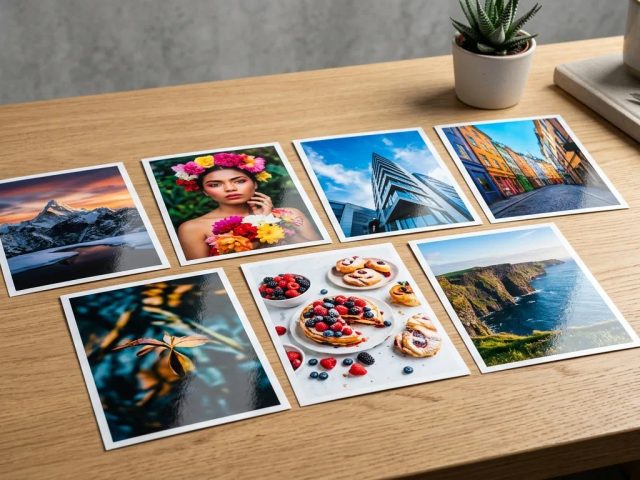 Tujuh cetak foto A6 kertas glossy dengan warna vibrant tertata rapi di atas meja kayu untuk mini album Uprint.id