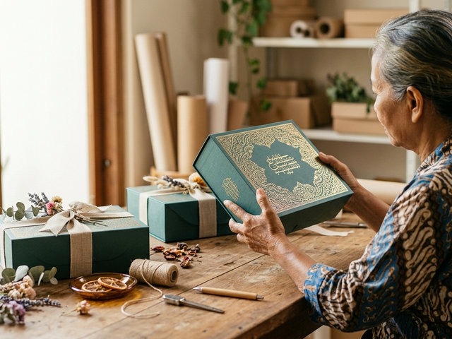 Kemasan hampers rohani custom dengan tipografi Bible verse foil emas premium