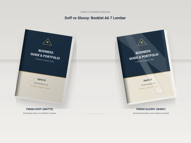 Perbandingan hasil cetak booklet A6 7 lembar laminasi doff vs glossy untuk profil bisnis profesional di Uprint.id.