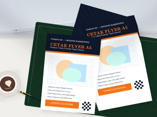 Tumpukan cetak flyer A5 satu rim berbahan Art Paper untuk promosi offline bisnis Anda yang efektif dan bebas error.