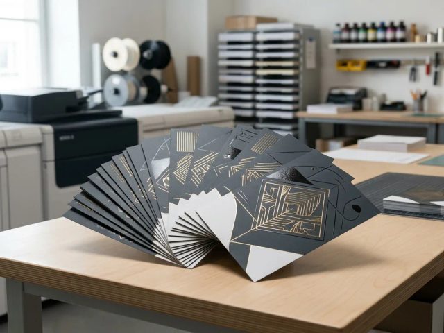 Ilustrasi cetak flyer custom premium Uprint.id dengan detail emas mewah untuk meningkatkan konversi promosi bisnis.