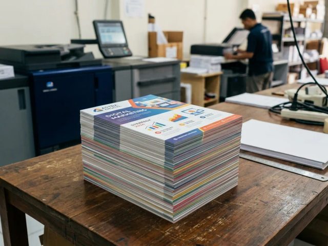 Tumpukan cetak flyer A5 1 rim untuk promosi bisnis di workshop percetakan digital modern.