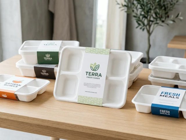 Cetak food tray custom Jakarta berbahan polystyrene higienis dengan sleeve branding kuliner dari Uprint.id