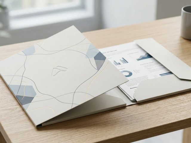 Cetak map folder murah Surabaya berkualitas dari Uprint.id untuk proposal bisnis profesional di atas meja kantor.