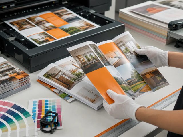 Ilustrasi thumbnail/hero artikel blog percetakan Uprint.id berjudul "Cetak Booklet A6 Portrait HVS: Bikin Brand Naik Kelas dengan Anggaran Cerdas". Fokus topik:
