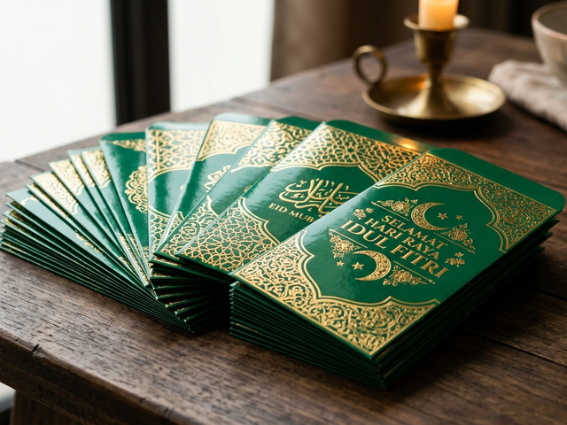 Cetak angpao lebaran kertas glossy bermotif emas eksklusif