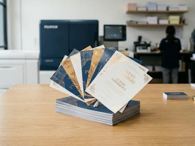 Contoh cetak flyer premium dengan kertas bertekstur dan finishing foil emas di studio cetak digital Uprint.id.