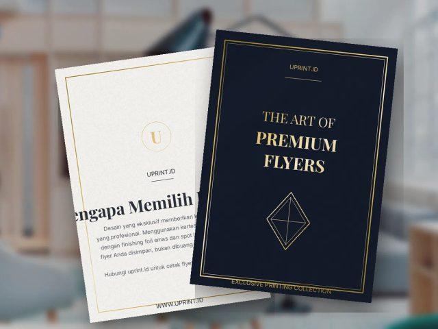 Ilustrasi cetak flyer premium Uprint.id dengan finishing gold foil mewah untuk meningkatkan citra brand bisnis.