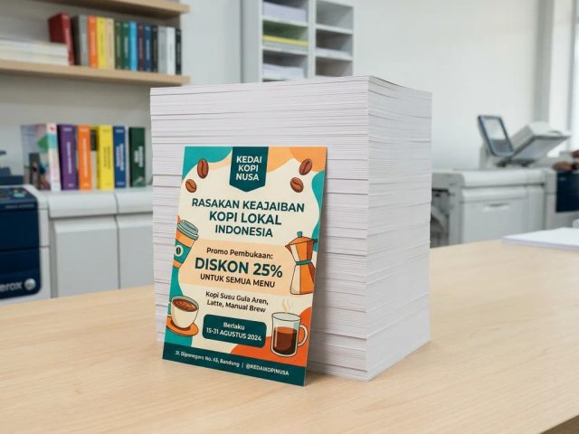 Tumpukan cetak flyer A5 1 rim dengan desain promo menarik untuk memikat hati pelanggan lokal di Uprint.id