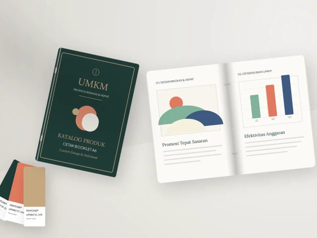 Desain booklet A6 custom jilid kawat dengan layout rapi dan hemat, solusi promosi praktis untuk bisnis UMKM.