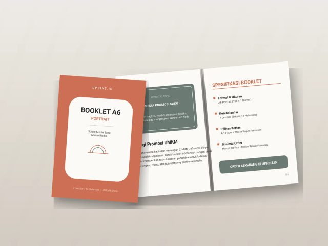 Cetak booklet A6 portrait 7 lembar berkualitas tinggi untuk media promosi saku UMKM di studio Uprint.id.