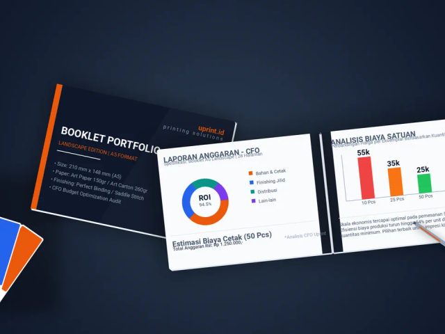 Analisis anggaran riil cetak booklet A5 landscape 50 pcs dari CFO Uprint.id dengan grafik biaya cetak profesional.