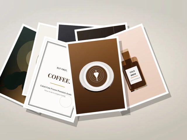 Cetak foto portrait A6 sebanyak 7 lembar kertas glossy premium untuk promosi kafe di Uprint.id.