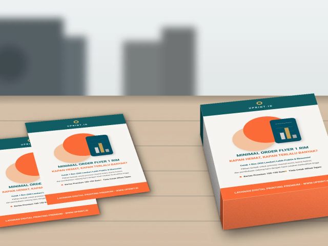 Cetak flyer promosi minimal order 1 rim berkualitas tinggi dengan desain modern di Uprint.id.