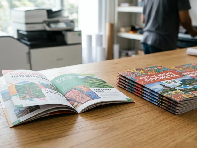 Inspirasi cetak booklet A6 murah dan brosur promosi ringkas 7 lembar di meja digital printing modern Uprint.id.