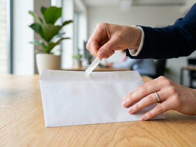 Proses pengemasan surat bisnis menggunakan amplop kabinet berlid perekat instan