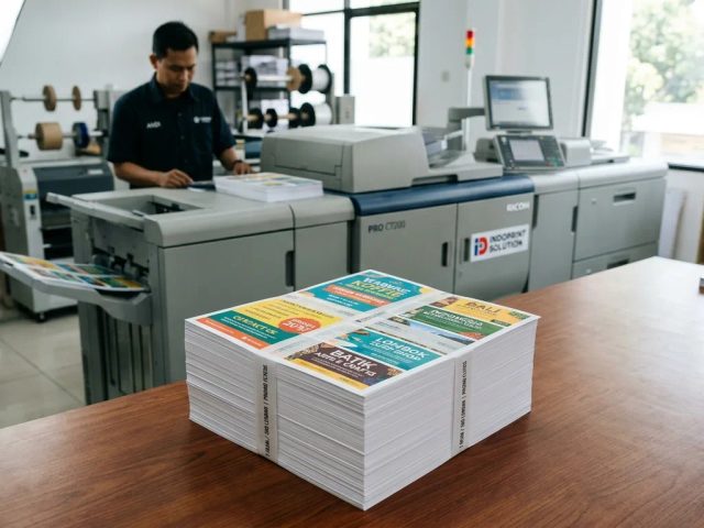 Tumpukan cetak flyer 1 rim untuk promosi lokal di mesin cetak digital modern Uprint.id