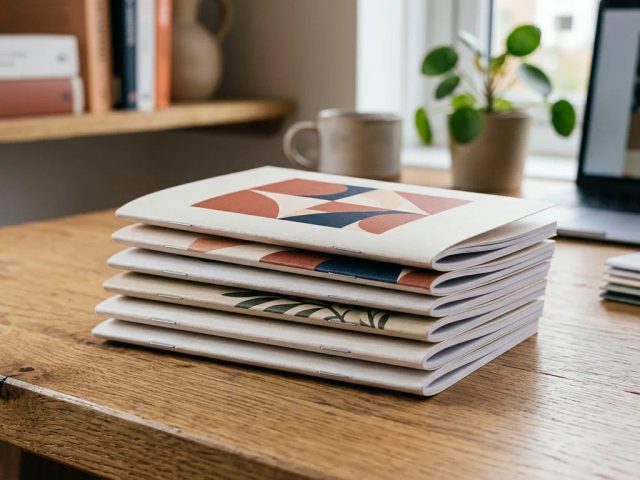 Tumpukan cetak booklet A6 portrait minimal order 50 pcs untuk tes pasar di meja studio kreatif Uprint.id.
