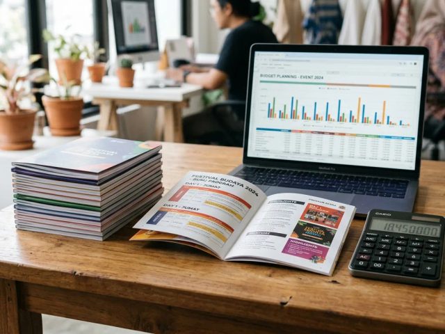 Cetak booklet A6 hemat untuk budget event mikro dengan analisis biaya di laptop dan kalkulator Uprint.id
