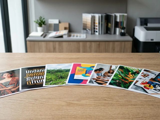 Cetak portrait A6 kertas glossy isi 7 lembar untuk portofolio mini premium di meja studio cetak Uprint.id.