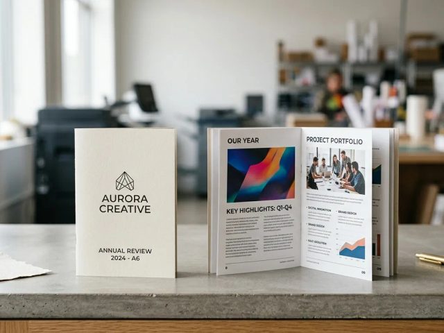 Cetak booklet A6 portrait branded rapi dan ringkas di meja studio percetakan modern.