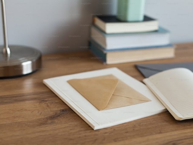 Gambar menunjukkan percetakan online dengan envelope dan buku terbuka di meja kayu.