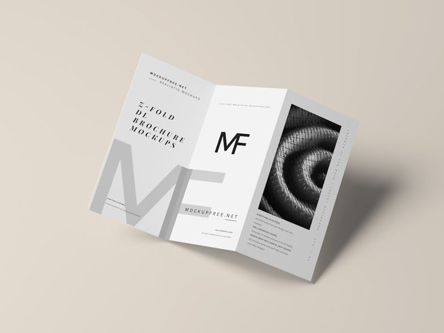 Brosur lipat 3 putih dengan desain minimalis dan logo MF.