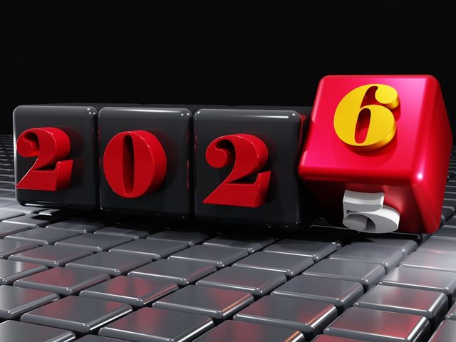 Tahun 2026 dalam blok warna merah dan hitam, konsep tahun baru.