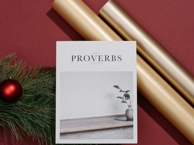 Buku kecil berjudul Proverbs dengan desain minimalis dan potongan kayu.