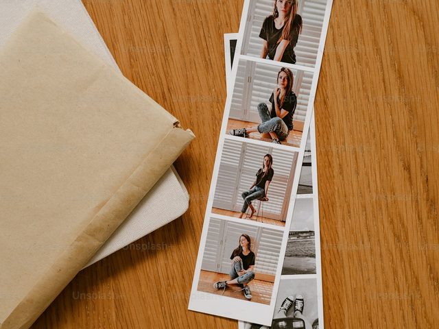 Tampak beberapa lembar foto polaroid dengan foto orang berpose, diletakkan di atas meja kayu.