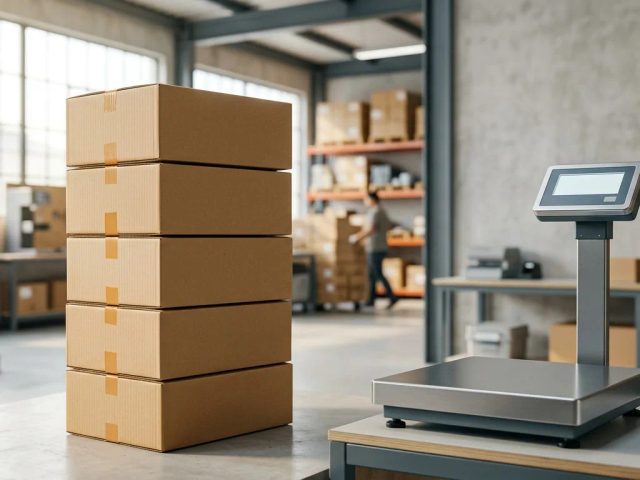 Tumpukan reguler box karton tebal siap kirim di area pergudangan logistik Surabaya