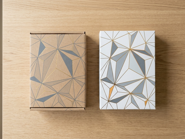 Inspirasi cetak pola geometris presisi tinggi pada kemasan boks produk dan materi promosi modern