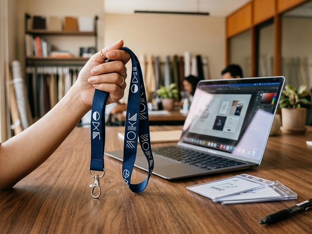 Tim marketing memegang sampel lanyard custom berkualitas tinggi di atas meja kerja kantor