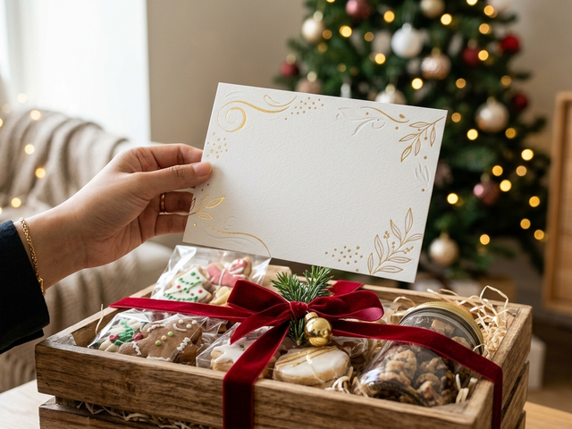 Cetak notecard Natal A5 premium dengan hiasan pita merah di atas hampers akhir tahun
