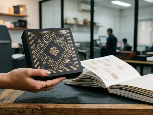 Contoh hasil kemasan motif geometric pattern presisi dengan finishing foil mewah di Jakarta