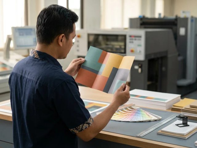 Evaluasi sampel hasil cetak offset dan digital di meja kerja