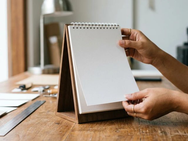 Contoh produk cetak kalender meja A5 portrait di atas meja kerja perkantoran Jakarta